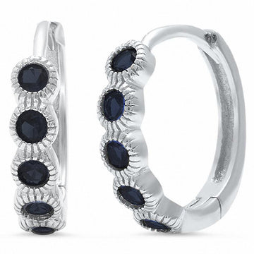 Huggie Hoop Earring Round Bezel Simulated Black CZ Stone 925 Sterling Silver